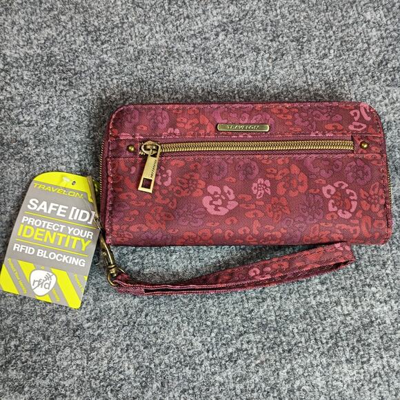 Travelon Handbags - Travelon Safe ID RFID Blocking Wristlet Wallet Burgundy Floral Zip Around